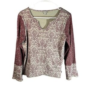 J. Jill Pima Cotton Damask Print Split Neck Top Green Burgundy Womens Medium